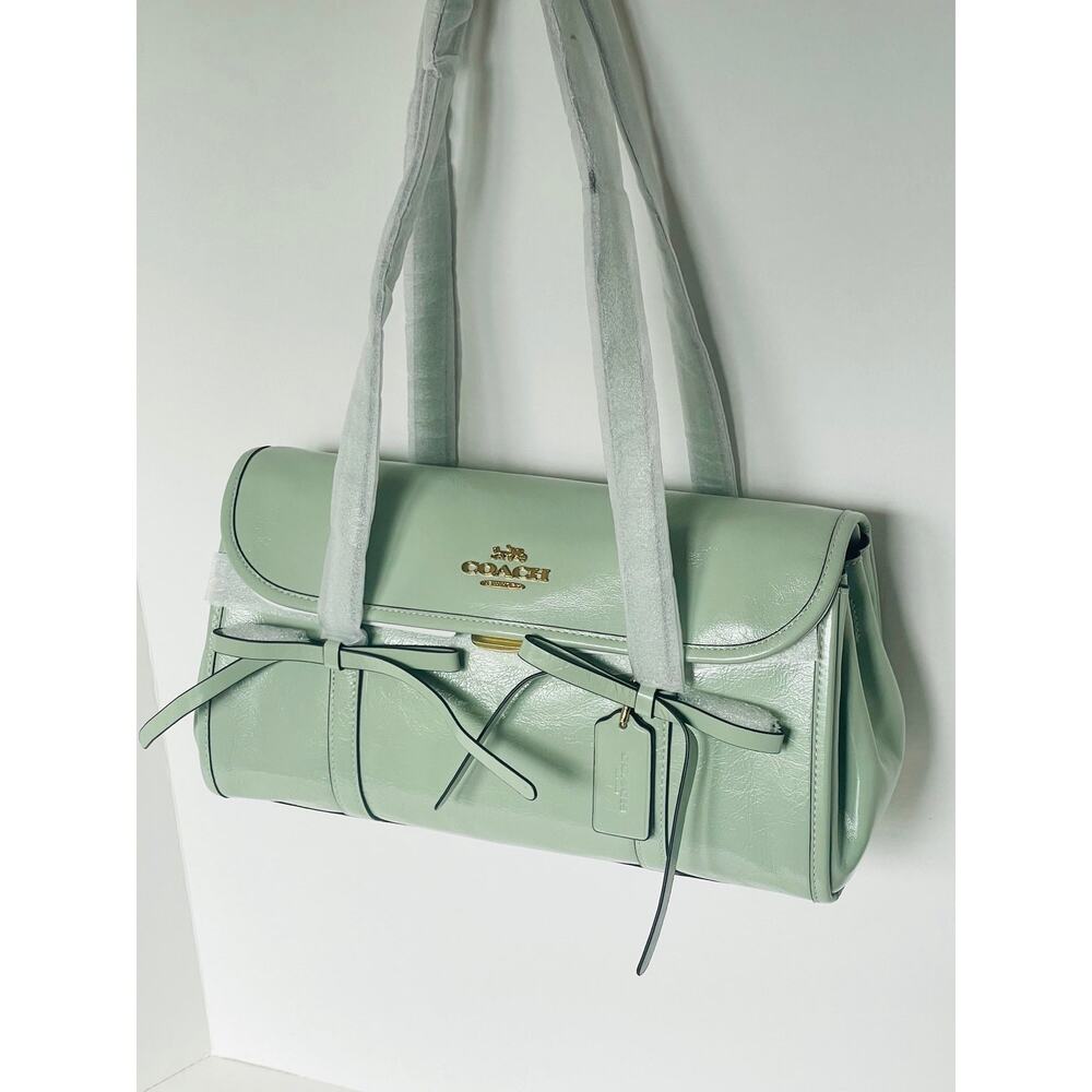 Coach Bridget Flap Shoulder Bag With Bows Light Pistachio Crinkle Leather CDY94 - Picture 5 of 16